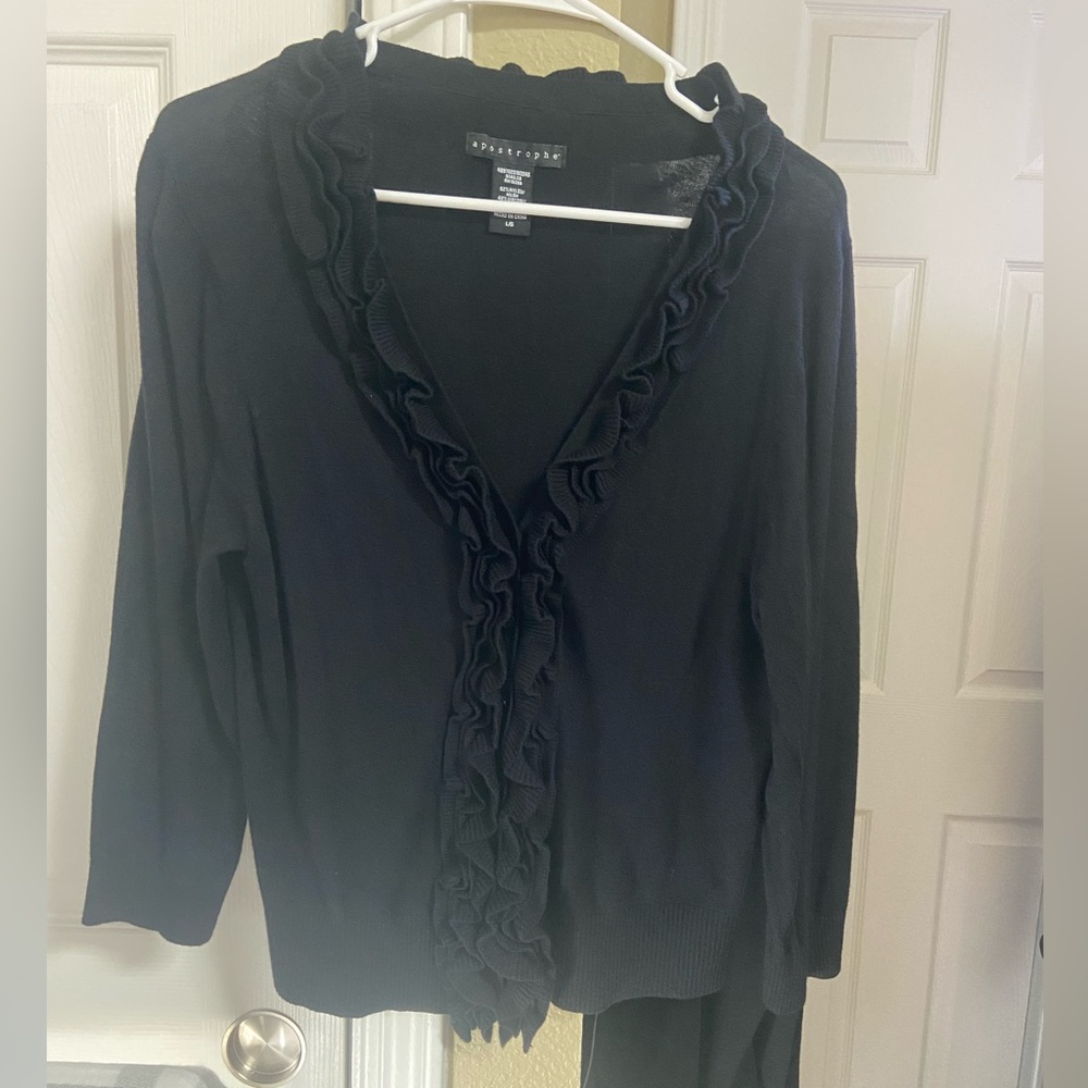 Apostrophe black ruffle V-neck cardigan sweater size L
